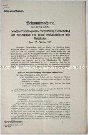 Bekanntmachung des Kriegsministeriums über die Verwendung und Meldepflicht von rohen Großviehtierhäuten
