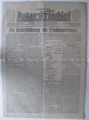 Kriegsausgabe des "Bukarester Tagblatt" zur Unterzeichnung des Friedensvertrages zwischen den Mittelmächten und Rumänien