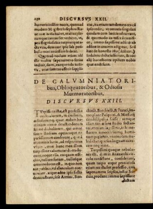 De Galumniatoribus, Obloquutoribus, & Odiosis Murmuratoribus. Discursus XXIII.