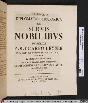 Observata Diplomatico-Historica De Servis Nobilibvs