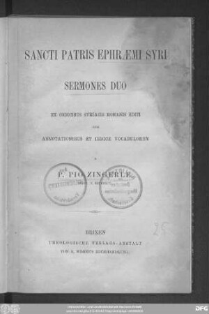 Sancti Patris Ephraemi Syri Sermones Duo Ex Codicibus Syriacis Romanis