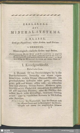 I. Klasse. Erdige Fossilien, oder Erden und Steine