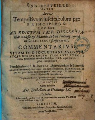 Tempestivum suscitabulum pro principibus, hoc est, ad edictum imp. Diocletiani ... com[m]entarius, 1