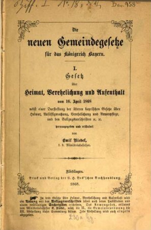 Die neuen Gemeindegesetze für das Königreich Bayern, I