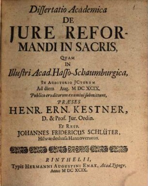 Dissertatio Academica De Iure Reformandi In Sacris
