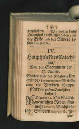 IV. Hauptstück des Catechismi/ Von dem Sacrament der H. Tauffe.