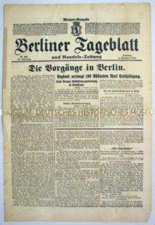 "Berliner Tageblatt" über revolutionäre Unruhen in Berlin