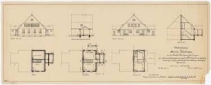 Siedlungsplan der Heimstättengesellschaft Primus Wittenau, Berlin-Reinickendorf: Wohnhaus Vorderansicht, Seitenansicht, Rückansicht, 3 Grundrisse von Kellergeschoss, Erdgeschoss und Obergeschoss, Schnitt 1:100