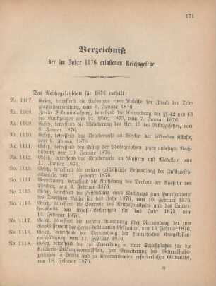 Verzeichniß der im Jahre 1876 erlassenen Reichsgesetze