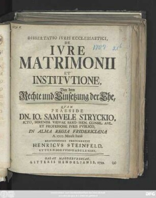 Dissertatio Ivris Ecclesiastici, De Ivre Matrimonii, Et Institvtione,