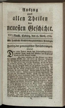 XVI. Nachl. Coburg, den 18. April, 1761.