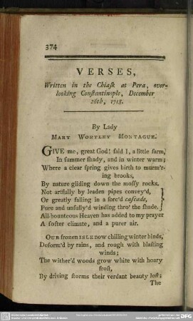 Verses, Written in the Chiask at Pera, overlooking Constantinople, December 26th, 1718