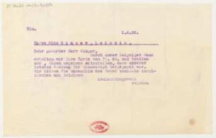 Brief an Otto Singer : 01.06.1926