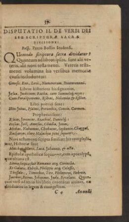 Disputatio II. De Verbi Dei Seu Scripturae Sacrae Divisione: