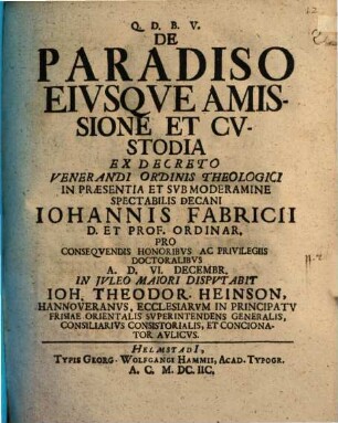 De Paradiso Eiusque Amissione Et Custodia