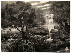 Ausstellungsgarten Deutsche Gartenbau-Ausstellung 1933, Berlin: Innenansicht Ausstellungshalle, Skulptur im Exotischen Wassergarten