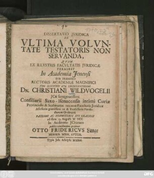 Dissertatio Iuridica De Ultima Voluntate Testatoris Non Servanda