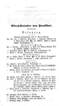 Adreß-Kalender von Frankfurt