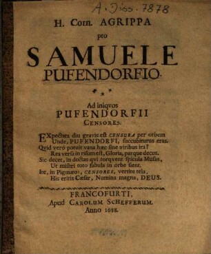 Pro Samuele Pufendorfio : ad iniquos Pufendorfii censores