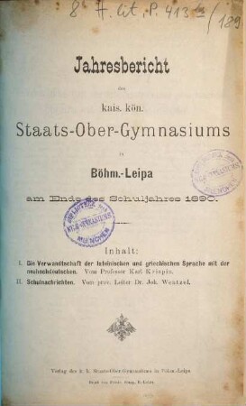 Jahresbericht des Kais.-Königl. Staats-Obergymnasiums in Böhm.-Leipa : am Ende d. Schuljahres ..., 1890