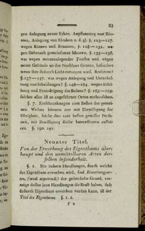 Neunter Titel. Von der Erwerbung des Eigenthums überhaupt und den unmittelbaren Arten derselben insonderheit