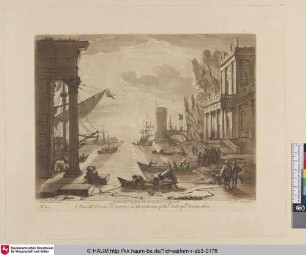 [Seehafen bei Sonnenuntergang, rechts ein Palais mit Säulen.; View of a Seaport, with Buildings, (and a st[r]ong effect of the Sun.)]