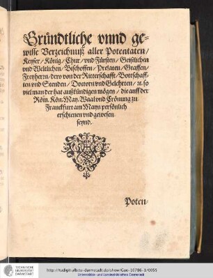 Gründtliche unnd gewisse Verzeichnusz aller Potentaten