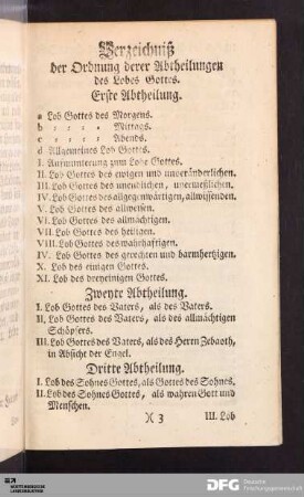 Verzeichniß der Ordnung derer Abtheilungen des Lobes Gottes.