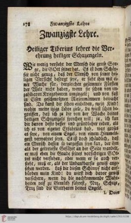 Zwanzigste Lehre. Heiliger Tiberius lehret die Verehrung heiliger Schuzengeln