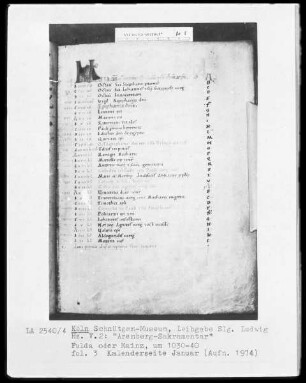 Arenberg-Sakramentar — Kalenderseite Januar, Folio 3