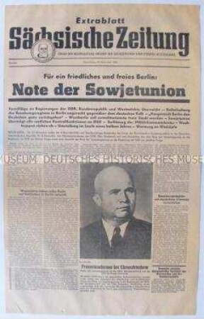 Extrablatt der regionalen Tageszeitung "Sächsische Zeitung" zur Note der UdSSR an die Westmächte zur Entmilitarisierung von West-Berlin
