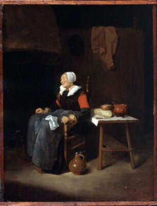 An einem Kamin sitzende Frau mit Brotzeit