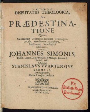 Disputatio Theologica, De Praedestinatione