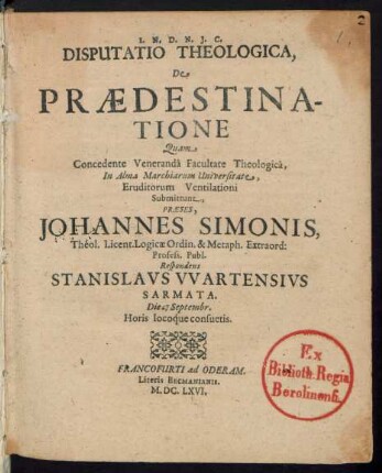 Disputatio Theologica, De Praedestinatione