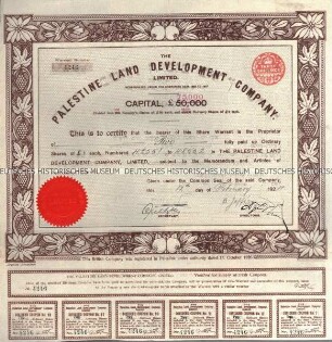 Inhaberaktie der Palestine Land Development Company Limited über 2 Aktien zu je 1 Pfund mit Kuponabschnitt