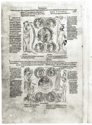 Verkündigung an Maria, Gideon und das betaute Flies (Verkündigung, Geburt Christi) : Verkündigung an Maria, Gideon und das betaute Flies (Verkündigung, Geburt Christi). Illustration zu "Biblia pauperum und Apokalypsis", fol. 1v. Feder, aquarelliert, Pergament, 48,0 x 33,0 cm. Erfurt, um 1350. Klassik Stiftung Weimar, Herzogin Anna Amalia Bibliothek Fol.max.4