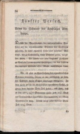 Fünfter Versuch. Ueber die Schwere des Kochsalzes überhaupt.