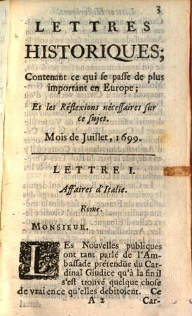 Lettres historiques, contenant ce qui se passe de plus important en Europe, et les réflexions nécessaires sur ce sujet. 16, 16. 1699