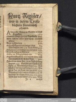 Kurtz Register/ was in diesem Trostbüchlein fürnemlich gehandelt.