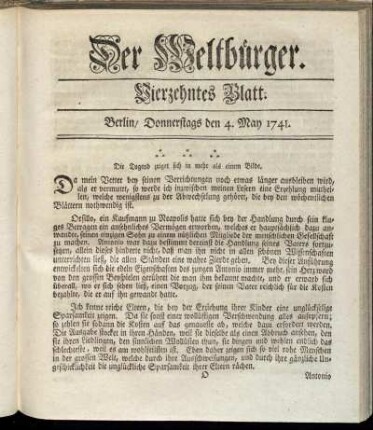 Vierzehntes Blatt. Berlin, Donnerstags den 4. May 1741.