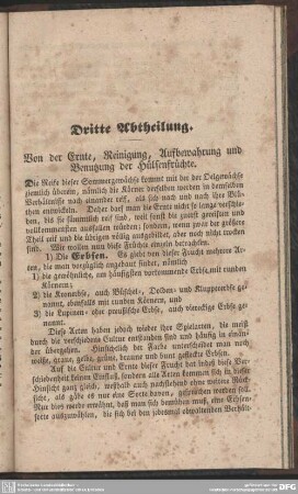 Dritte Abtheilung. Von der Ernte, Reinigung, Aufbewahrung und Benutzung der Hülsenfrüchte