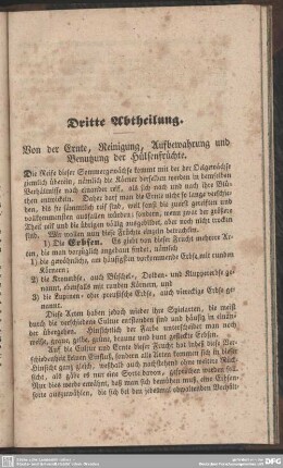 Dritte Abtheilung. Von der Ernte, Reinigung, Aufbewahrung und Benutzung der Hülsenfrüchte