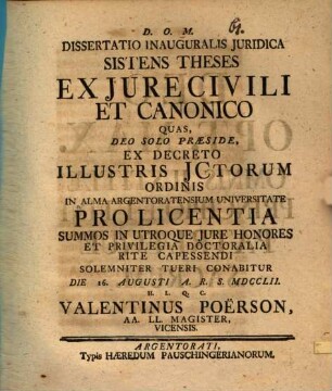 Dissertatio inauguralis juridica sistens theses ex jure civili et canonico