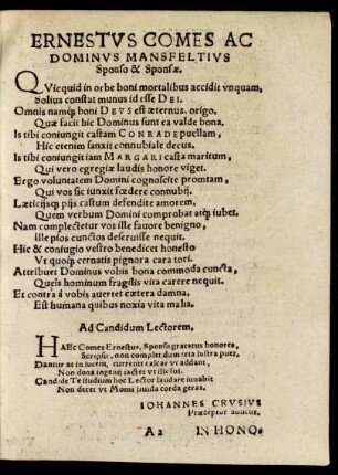 Ernestus Comes Ac Dominus Mansfeltius Sponso & Sponsae.