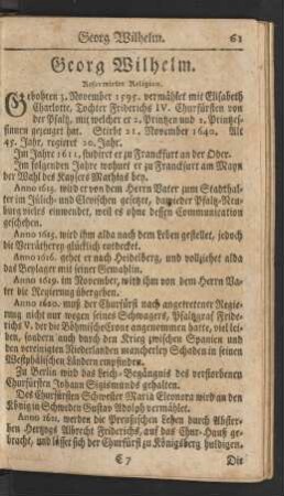 Georg Wilhelm. Reformirter Religion.