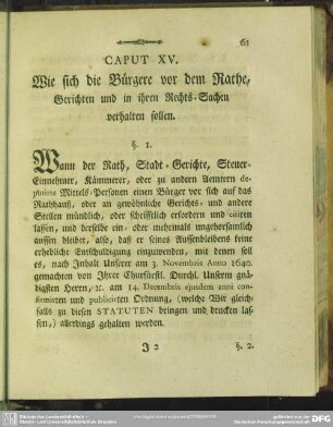 Caput XV. Wie sich die Bürgere vor dem Rathe, Gerichten und in ihren Rechts-Sachen verhalten sollen