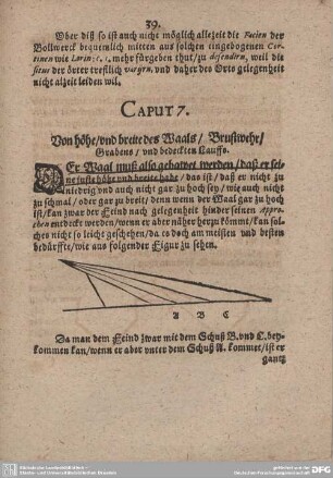 CAPUT 7. Von Höhe/ und breite des Waals/ Brustwehr/ Graben/ und bedeckten Lauffe.