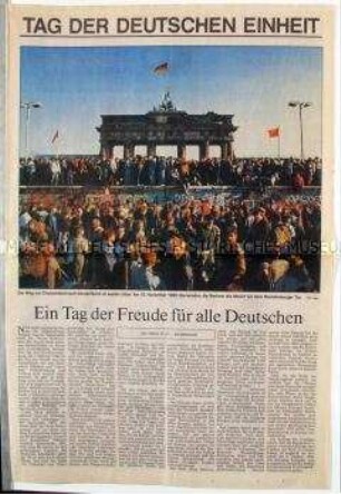 Sonderdruck (vermutlich Beilage einer Tageszeitung) zum Beitritt der DDR zur Bundesrepublik Deutschland am 3. Oktober 1990 mit dem Wortlaut der Erklärung von Bundeskanzler Kohl