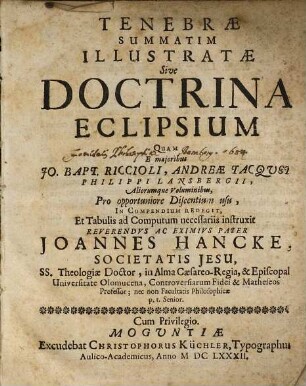 Tenebrae Summatim Illustratae Sive Doctrina Eclipsium