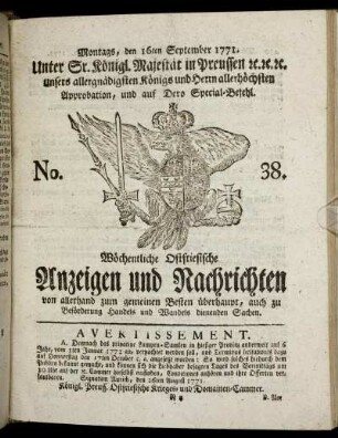 No. 38. Montags, den 16ten September 1771.
